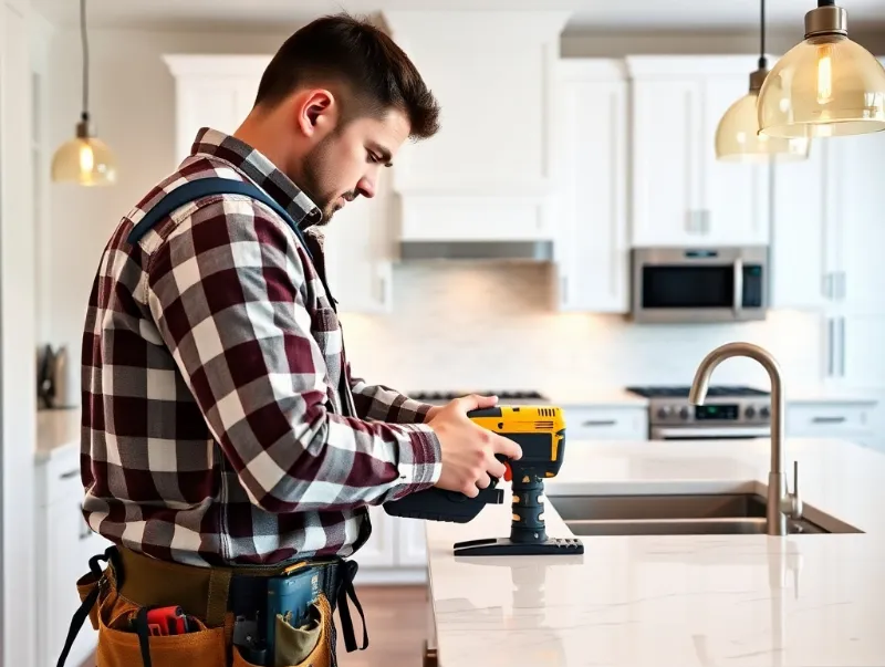 A man in a plaid shirt and tool belt uses a power drill on a kitchen countertop in a modern, well-lit kitchen with white cabinets and pendant lights.