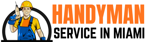 Logo for "Handyman Service in Miami" featuring a smiling handyman in a yellow hard hat and blue overalls, holding a caulking gun, with the word "HANDYMAN" in bold orange letters.
